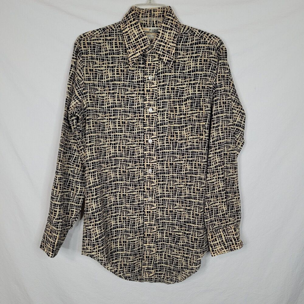 Jason Clarke Vintage 70s 80s Mens M-L Crepe De Chine Black Tan Disco Club Shirt
